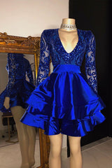 Long Sleeves V-Neck Lace Prom Dress Sequins Blue Short-stylesnuggle