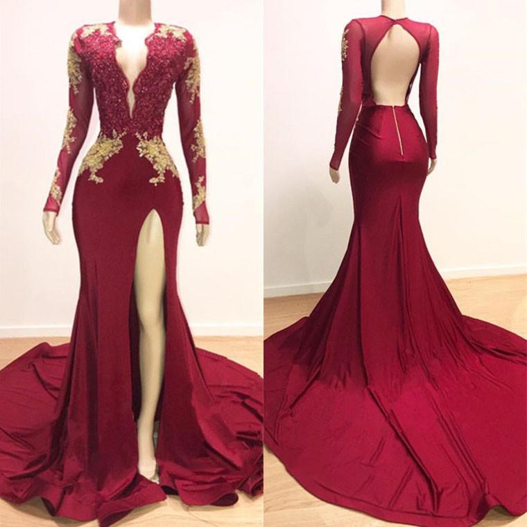 Long Sleeves V-neck Mermaid Prom Dress Red Sequins Long Chiffon-stylesnuggle