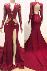 Long Sleeves V-neck Mermaid Prom Dress Red Sequins Long Chiffon-stylesnuggle