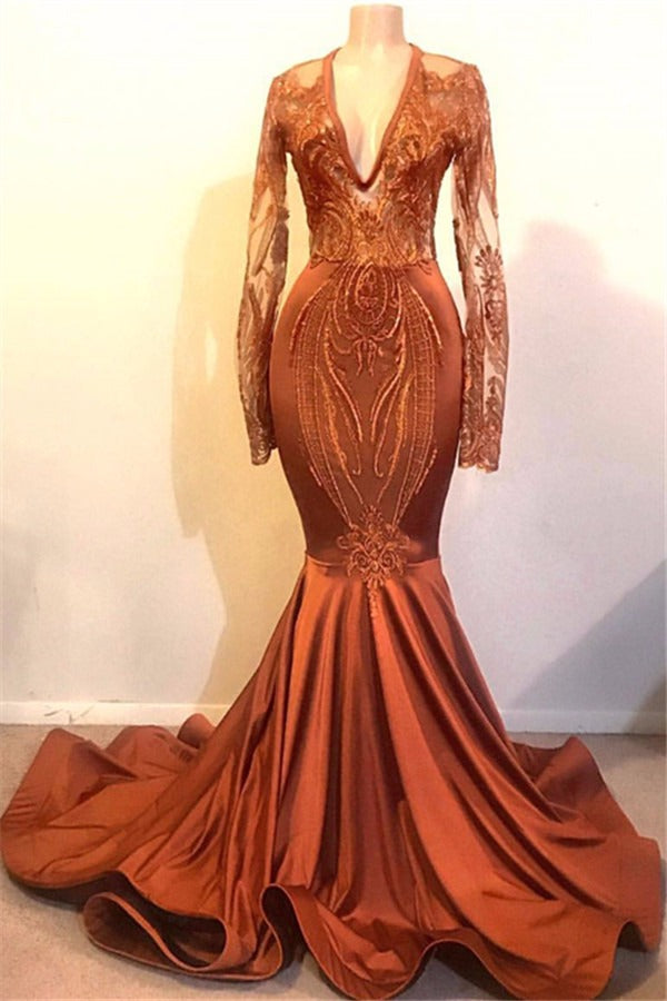 Long Sleeves V-neck Mermaid Prom Dress Sequins Gold Long Chiffon Lace-stylesnuggle