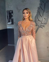 Long Sleeves V-Neck Sequins Prom Dress Long With Slit Online-stylesnuggle