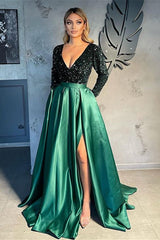 Long Sleeves V-Neck Sequins Prom Dress Long With Slit Online-stylesnuggle