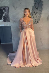 Long Sleeves V-Neck Sequins Prom Dress Long With Slit Online-stylesnuggle