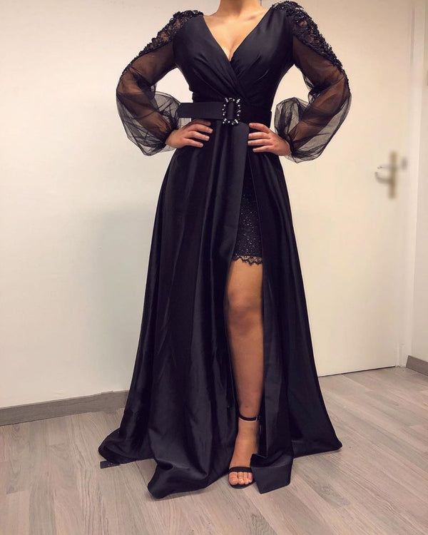 stylesnuggle offers Long Sleevess Black V-neck High Split Bishop sleeves Evening Dresses On Sale at an affordable price from Satin to A-line Floor-length skirts. Shop for gorgeous Long Sleevess Prom Dresses, Evening Dresses collections for your big day.