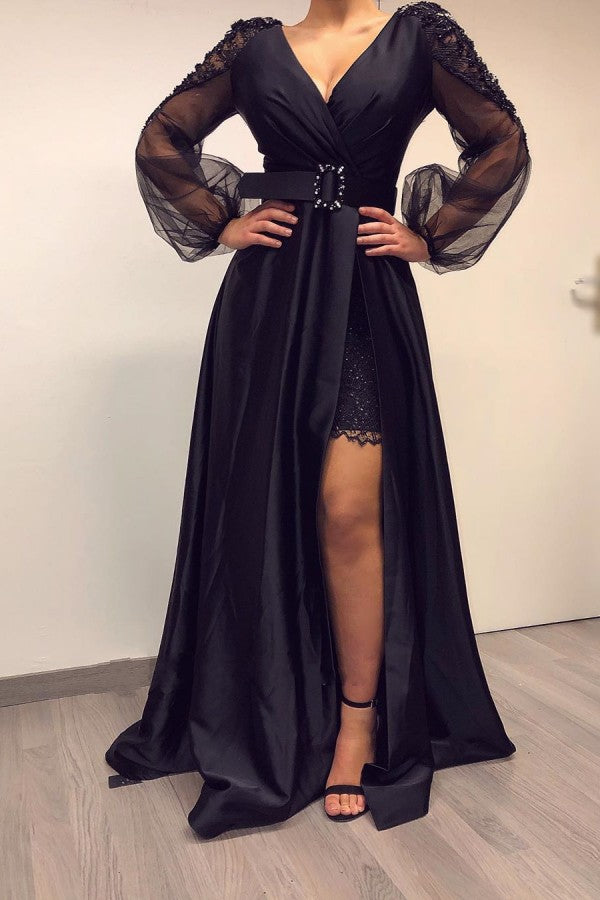 stylesnuggle offers Long Sleevess Black V-neck High Split Bishop sleeves Evening Dresses On Sale at an affordable price from Satin to A-line Floor-length skirts. Shop for gorgeous Long Sleevess Prom Dresses, Evening Dresses collections for your big day.