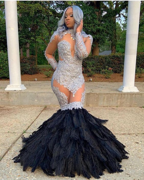 Looking for Prom Dresses, Evening Dresses in Lace,  Mermaid style,  and Gorgeous Appliques, Feathers work? stylesnuggle has all covered on this elegant Long Sleevess Lace Appliques Illusion Fur Train Mermaid Silver Prom Dresses.