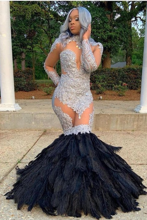 Looking for Prom Dresses, Evening Dresses in Lace,  Mermaid style,  and Gorgeous Appliques, Feathers work? stylesnuggle has all covered on this elegant Long Sleevess Lace Appliques Illusion Fur Train Mermaid Silver Prom Dresses.