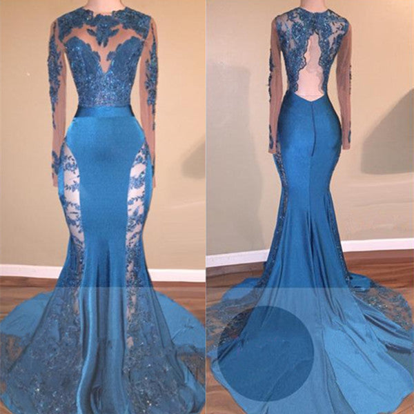 Looking for Prom Dresses, Evening Dresses in Stretch Satin,  Mermaid style,  and Gorgeous Lace work? stylesnuggle has all covered on this elegant Long Sleevess Lace Appliques Open Back Brush Train Mermaid Prom Gowns.