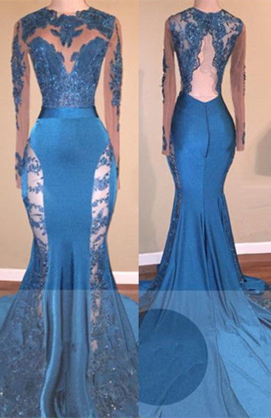 Looking for Prom Dresses, Evening Dresses in Stretch Satin,  Mermaid style,  and Gorgeous Lace work? stylesnuggle has all covered on this elegant Long Sleevess Lace Appliques Open Back Brush Train Mermaid Prom Gowns.