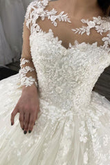 Looking for a dress in Tulle, Ball Gown style, and Amazing Lace,Beading work? We meet all your need with this Classic Long Sleevess Lace Appliques Tulle Wedding Gown White Garden Aline Spring Bridal Gown.