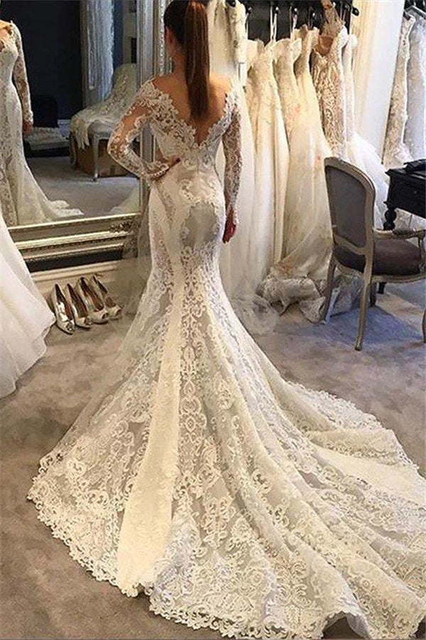 Long Sleevess Lace Mermaid Court Train V neck Wedding Dresses-stylesnuggle