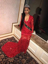 Looking for in Sequined,  Mermaid style,  and Gorgeous Feathers, Sequined work? stylesnuggle has all covered on this elegant Long Sleevess V-neck Beading Patterns Long Mermaid Prom Gowns.