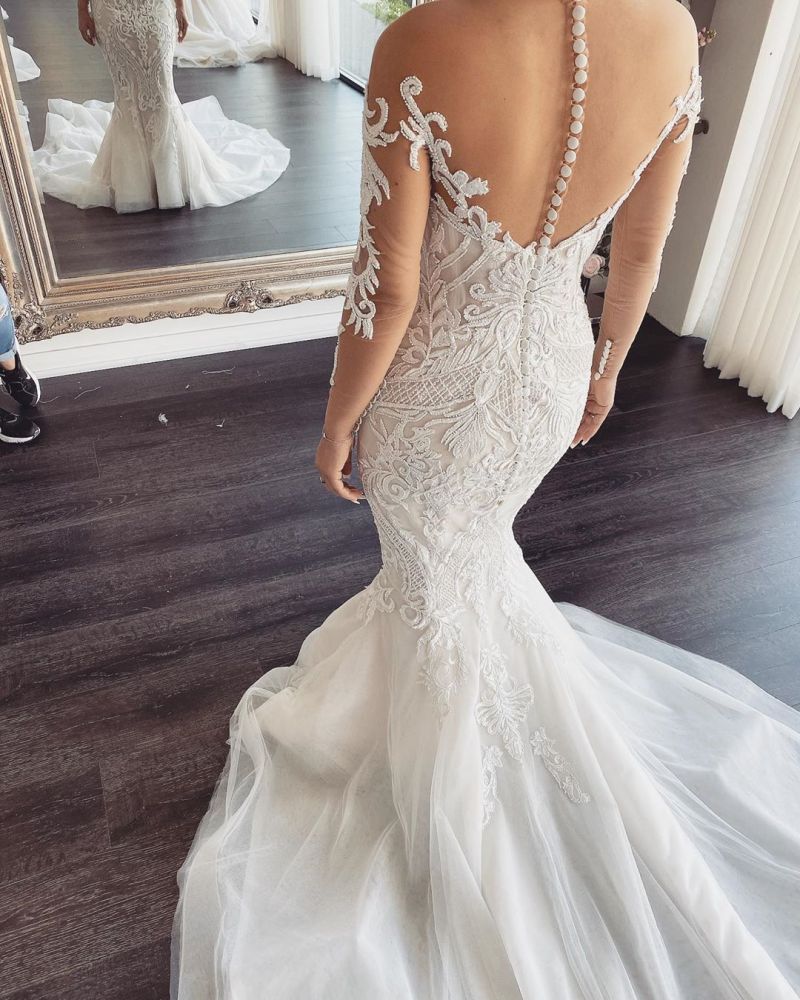 stylesnuggle offers Long Sleevess V-neck Lace Mermaid white Wedding Dresses Online online at an affordable price from Tulle to Mermaid Floor-length skirts. Shop for Amazing Long Sleeves collections for your bridal party.