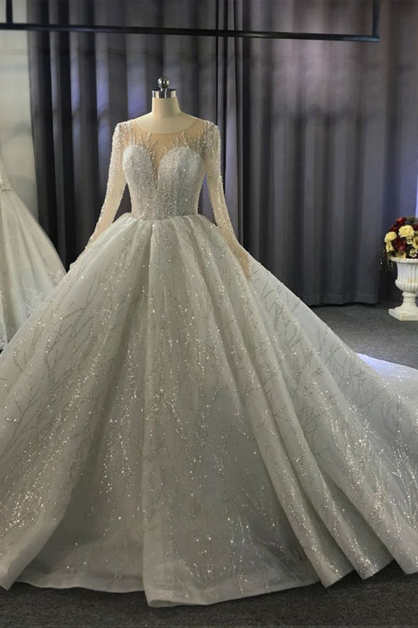 stylesnuggle offers Luxurious Ball Gown Long Sleeves Crystal Beading Wedding Dress A-line Classic at a good price, 1000+ options, fast delivery worldwide.