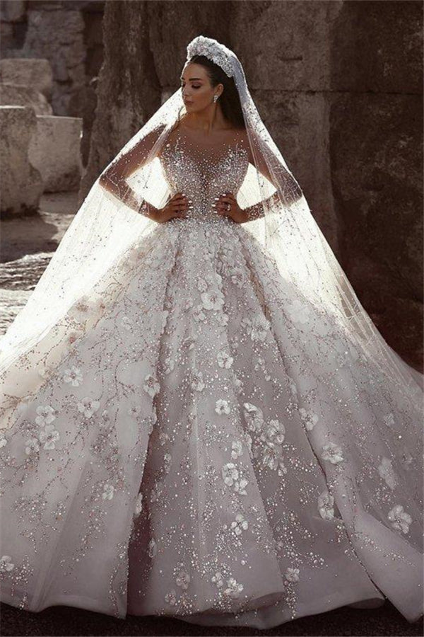 Luxurious Beading Floral Bridal Gowns Sheer Neck Long Sleevess Ball Gown Wedding Dresses-stylesnuggle