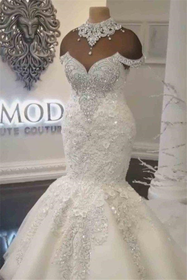 Luxurious Crystals Mermaid Wedding Dresses Off the Shoulder Appliques Bridal Gowns-stylesnuggle