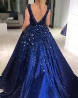 stylesnuggle offers Luxurious Dark Navy Deep V-neck Cap sleeves Ball Gown with free shipping and custom make services. Be the prom belle in the Sparkle Beaded Prom Dresses. Don't miss it out.