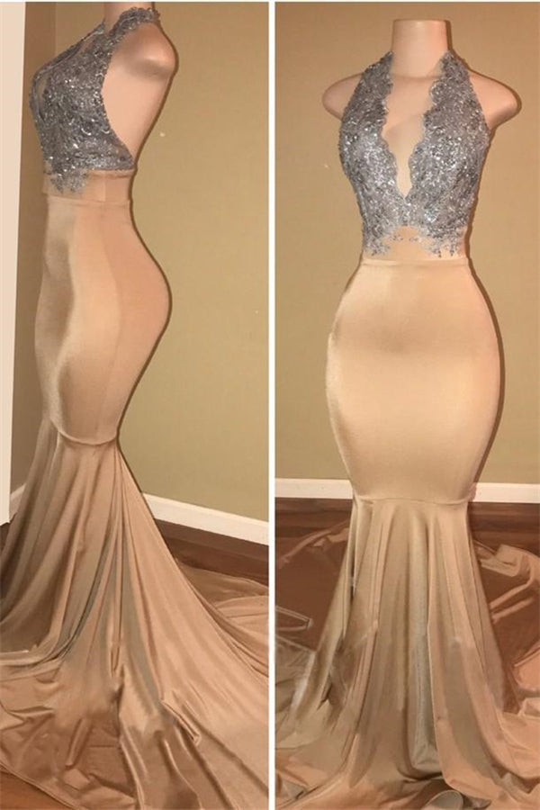 Luxurious Halter Sleeveless Lace Applique Mermaid Prom Dresses-stylesnuggle