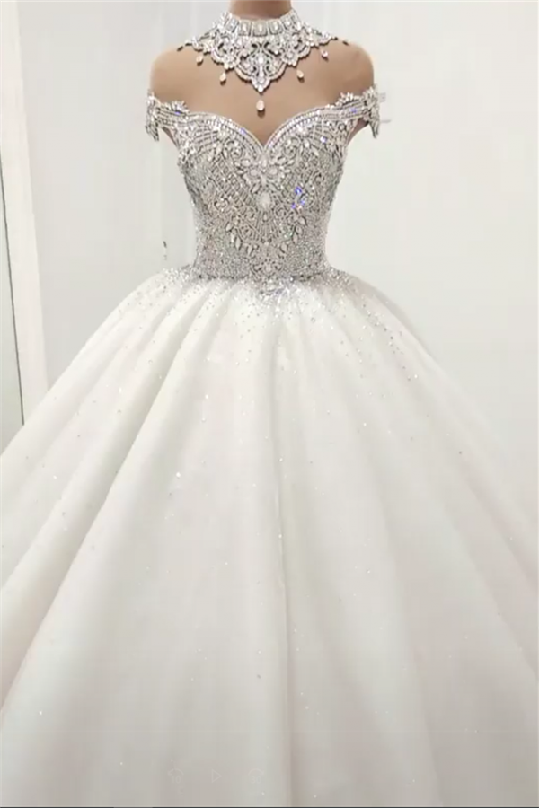 Luxurious High Neck Crystal Beading Ball Gown Wedding Dresses-stylesnuggle