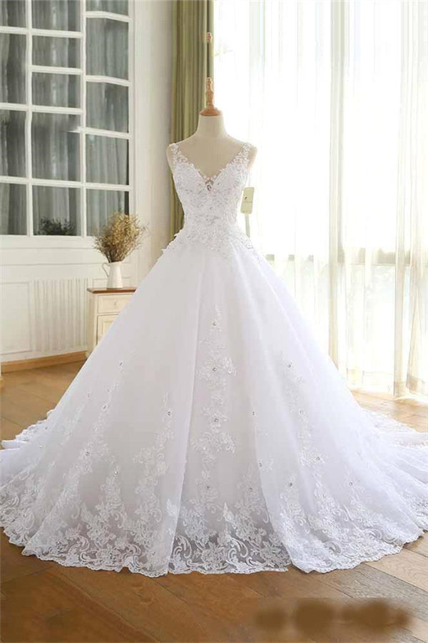 Luxurious Lace Beaded Wedding Dresses New Arrival V Neck Straps Long Ball Gown Wedding Party Bridal Dress-stylesnuggle