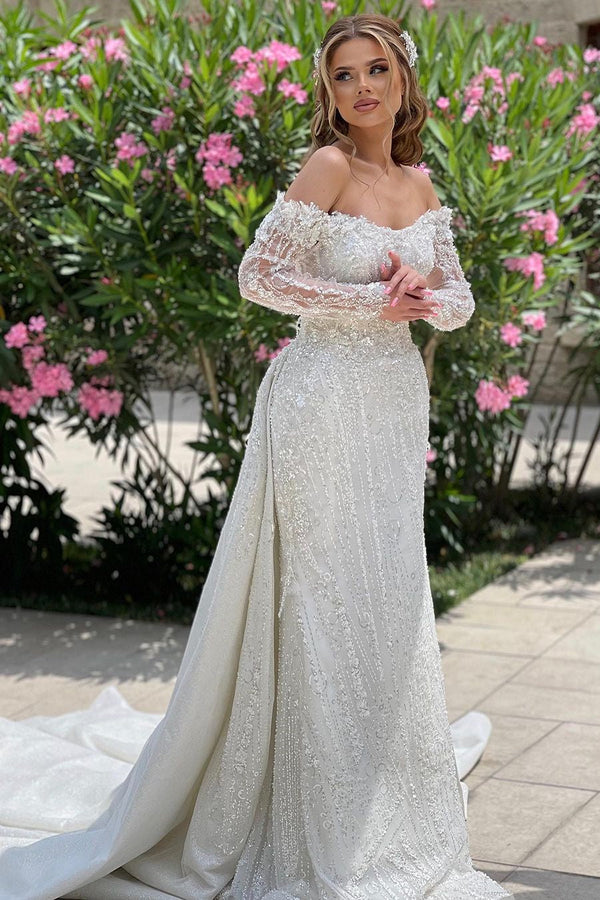 Luxurious Long Ivory Off-the-shoulder Lace Beading Long Sleeves Wedding Dress With Train