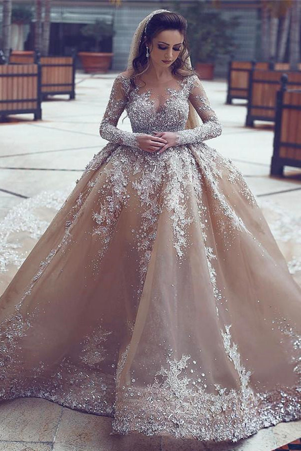 Luxurious Long Sleeve Beadings Ball Gown Appliques Wedding Dress-stylesnuggle