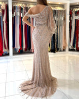 Luxurious Long Sleeve Beadings Prom Dress Long Mermaid Eevning Gowns With Slit-stylesnuggle