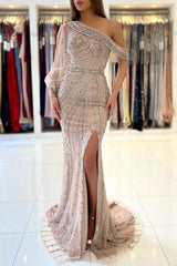 Luxurious Long Sleeve Beadings Prom Dress Long Mermaid Eevning Gowns With Slit-stylesnuggle