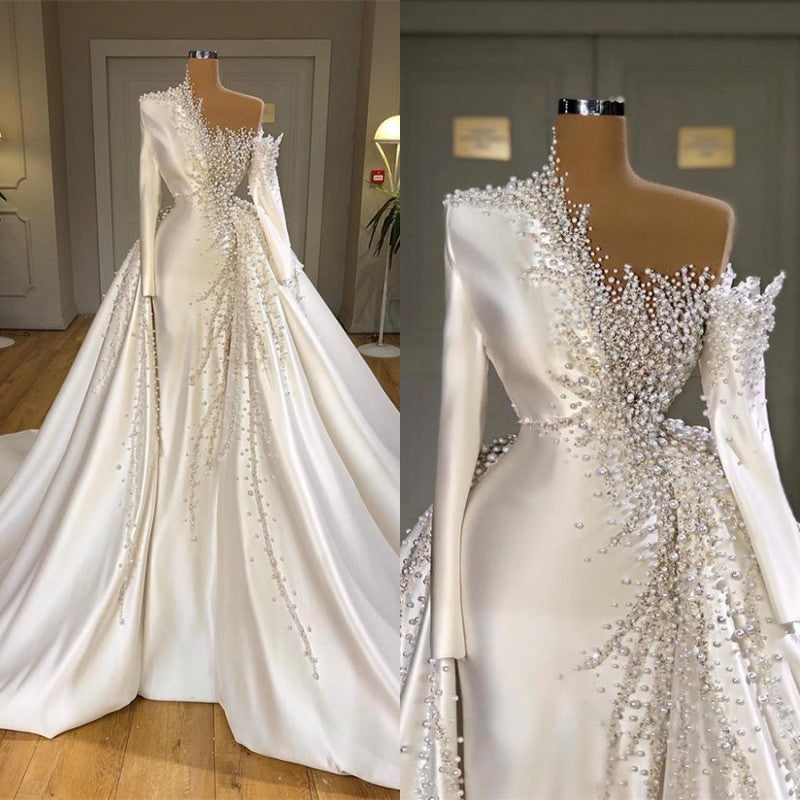 Luxurious Long Sleeve Pearls Overskirt Wedding Dress Online-stylesnuggle