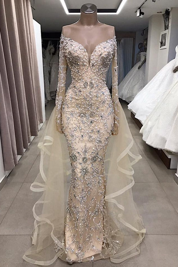 Shop for Luxurious Long Sleeves off-the-shoulder Prom Party Gowns with fully-covered beads at best prices. stylesnuggle has the best handmade details for fully beaded prom dresses online.