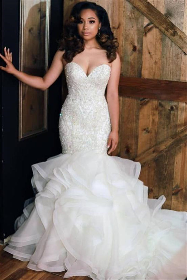 Luxurious Mermaid Beading Wedding Dresses Sweetheart Neck Ruffless Skirt Bridal Gowns-stylesnuggle