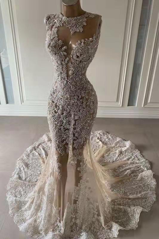 Luxurious Mermaid Lace Appliques Wedding Dress Sheer Skirt-stylesnuggle