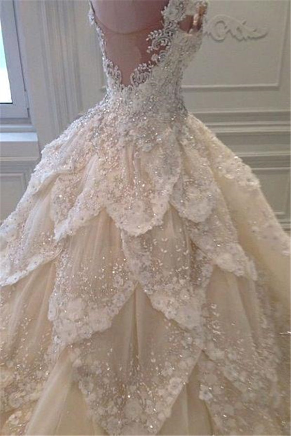 Luxurious Off the Shoulder Beading Wedding Dress Crystal Tiered Chapel Train Bridal Gowns-stylesnuggle