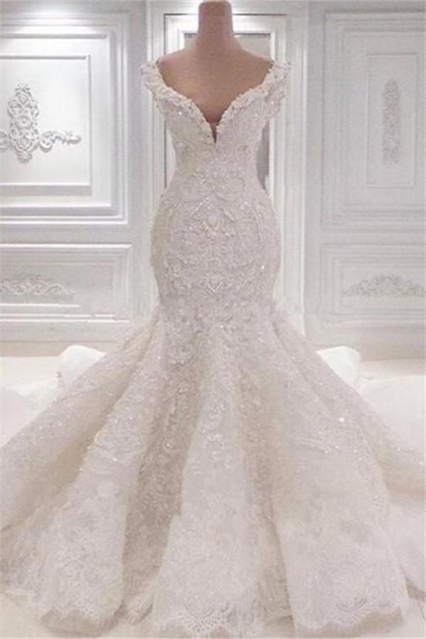 Luxurious Off the Shoulder Mermaid Wedding Dress New Arrival Lace AppliquesBridal Gowns-stylesnuggle