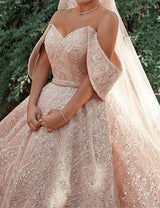 stylesnuggle offers Luxurious Off-the-Shoulder Sequins Ball Gowns for Women A-line Satin Bridal Gowns at a good price, 1000+ options, fast delivery worldwide.