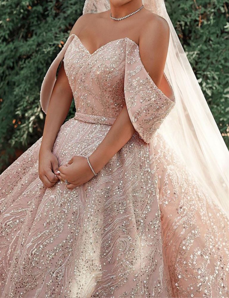 stylesnuggle offers Luxurious Off-the-Shoulder Sequins Ball Gowns for Women A-line Satin Bridal Gowns at a good price, 1000+ options, fast delivery worldwide.