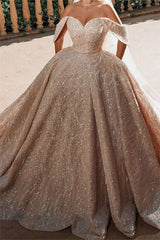 Luxurious Off the Shoulder Sequins Ball Gowns for Women A line Satin Bridal Gowns-stylesnuggle