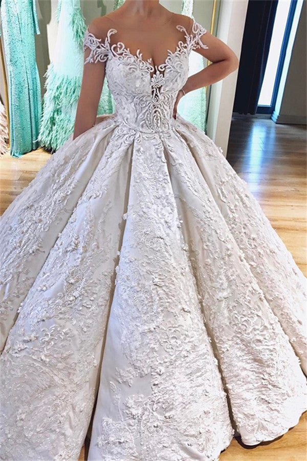 Looking for a dress in Stretch Satin, Ball Gown style, and Amazing Appliques work? We meet all your need with this Classic Luxurious Off the Shoulder V-Neck Lace Appliques Ball Gowns Wedding Dress.