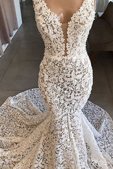 Try this glamorous Luxurious V-neck Mermaid Lace Wedding Dresse to wow your wedding guests with stylesnuggle. The V-neck design and exqusite handwork, and the Floor-length wedding dress with Lace,Appliques to provide the cool and simple look for summer wedding.