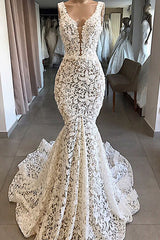 Try this glamorous Luxurious V-neck Mermaid Lace Wedding Dresse to wow your wedding guests with stylesnuggle. The V-neck design and exqusite handwork, and the Floor-length wedding dress with Lace,Appliques to provide the cool and simple look for summer wedding.