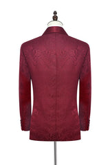 Luxury Burgundy Jacquard One Button Silk Shawl Lapel Mens Suits for Wedding and Prom-stylesnuggle