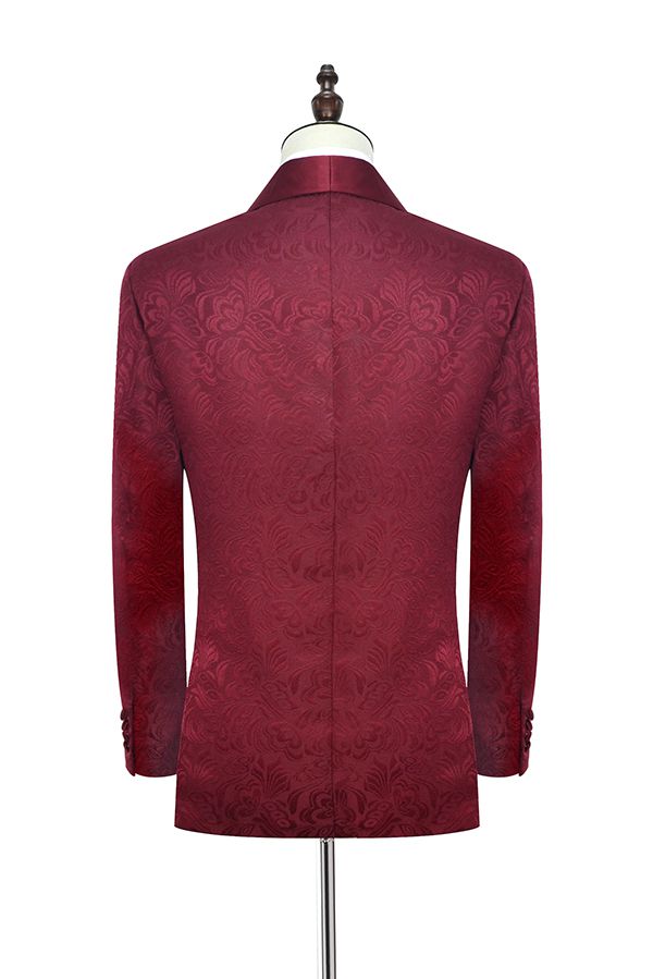 Luxury Burgundy Jacquard One Button Silk Shawl Lapel Mens Suits for Wedding and Prom-stylesnuggle