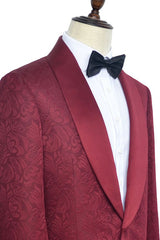 Luxury Burgundy Jacquard One Button Silk Shawl Lapel Mens Suits for Wedding and Prom-stylesnuggle