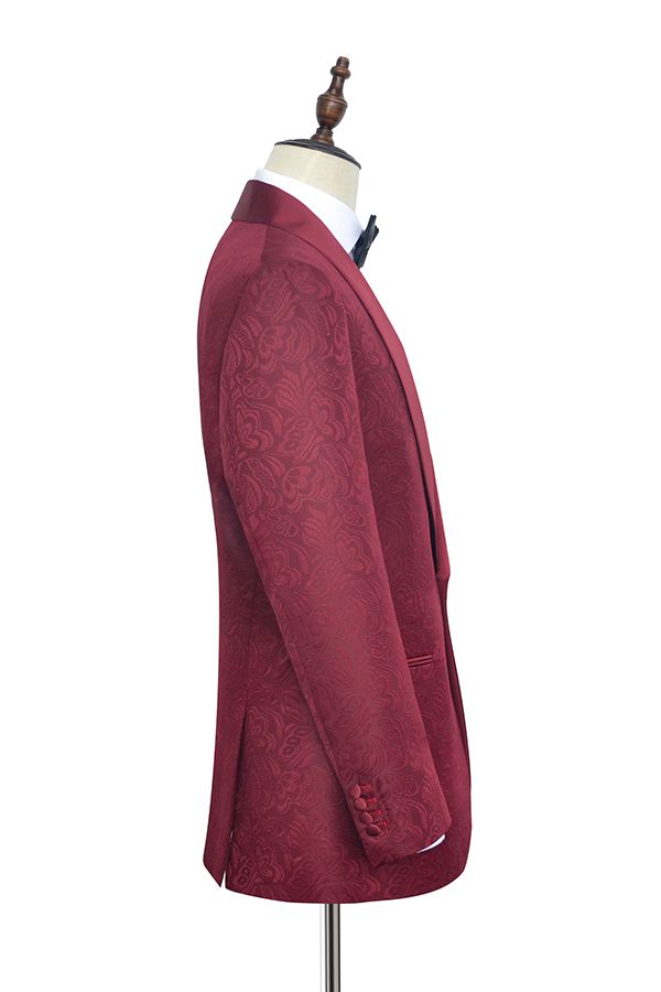 Luxury Burgundy Jacquard One Button Silk Shawl Lapel Mens Suits for Wedding and Prom-stylesnuggle