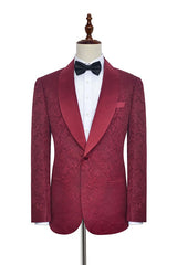 Luxury Burgundy Jacquard One Button Silk Shawl Lapel Mens Suits for Wedding and Prom