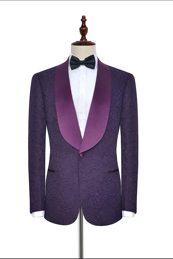 Luxury Dark Purple One Button Wedding Tuxedos Silk Shawl Lapel Jacquard Prom Suits-stylesnuggle