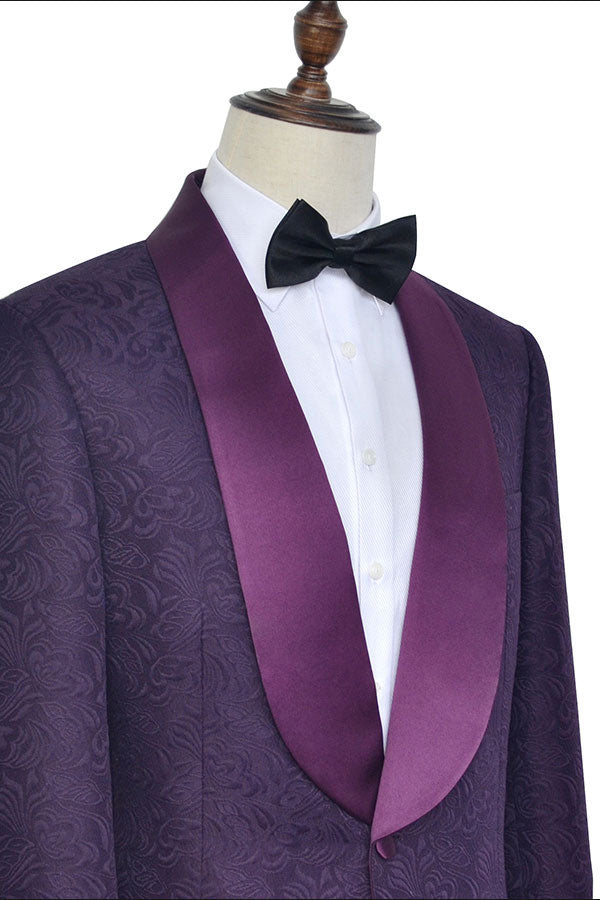 Luxury Dark Purple One Button Wedding Tuxedos Silk Shawl Lapel Jacquard Prom Suits-stylesnuggle