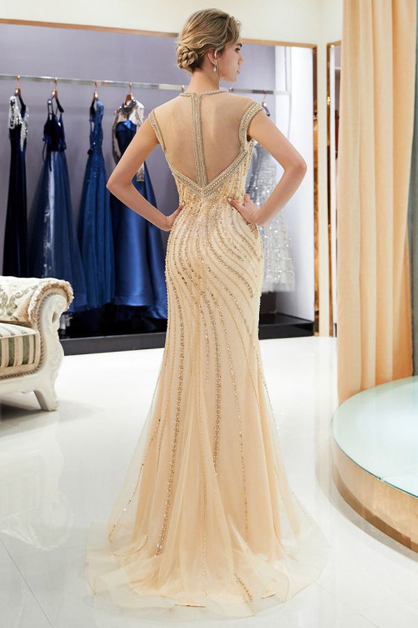 stylesnuggle offers MARTHA Mermaid Floor Length Sleeveless Golden Beading Evening Gowns at a cheap price from Gold,  Tulle to Mermaid Floor-length hem. Gorgeous yet affordable Sleeveless Prom Dresses, Evening Dresses.