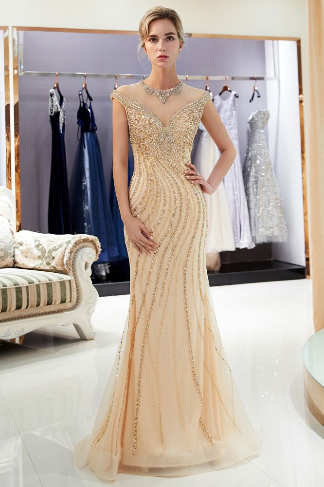 stylesnuggle offers MARTHA Mermaid Floor Length Sleeveless Golden Beading Evening Gowns at a cheap price from Gold,  Tulle to Mermaid Floor-length hem. Gorgeous yet affordable Sleeveless Prom Dresses, Evening Dresses.