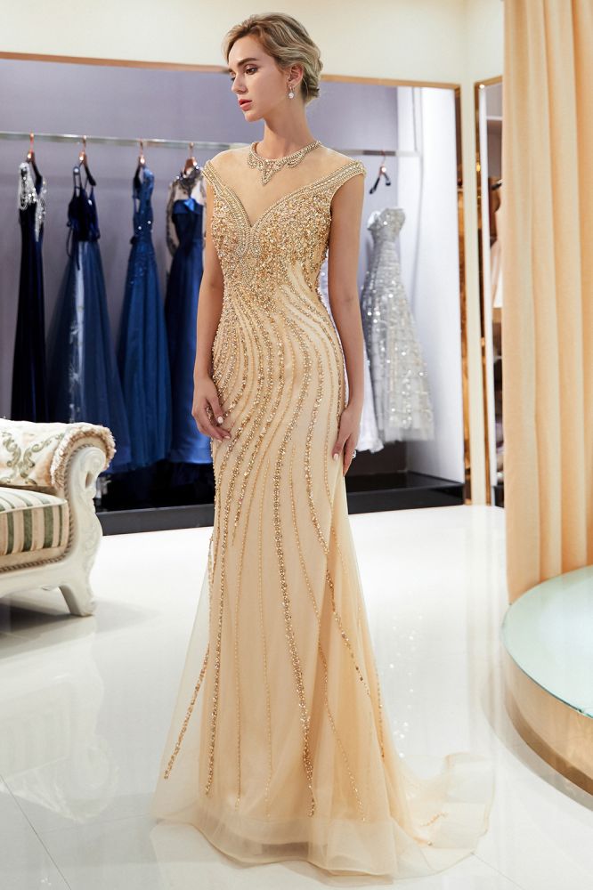 stylesnuggle offers MARTHA Mermaid Floor Length Sleeveless Golden Beading Evening Gowns at a cheap price from Gold,  Tulle to Mermaid Floor-length hem. Gorgeous yet affordable Sleeveless Prom Dresses, Evening Dresses.